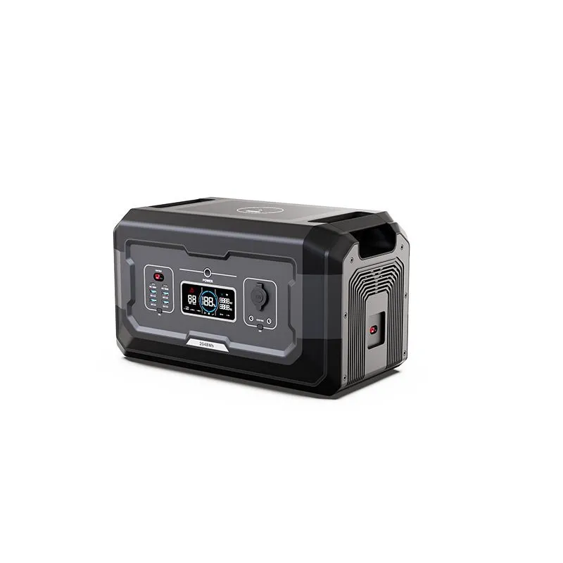 Black portable power station with a digital display, multiple output ports, and integrated side handles.